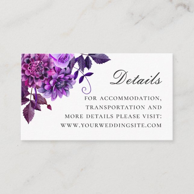 Tarjeta De Recepción Acuarela púrpura floral detalles de boda elegante (Anverso)