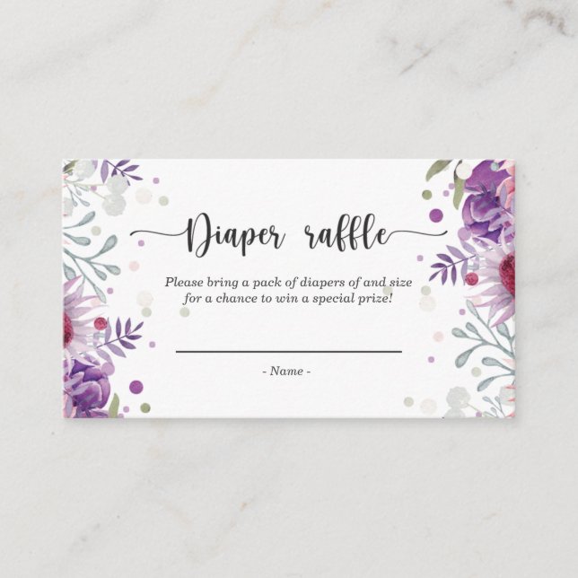 Tarjeta De Recepción Acuarela Rosa floral y lila Diaper Raffle (Anverso)