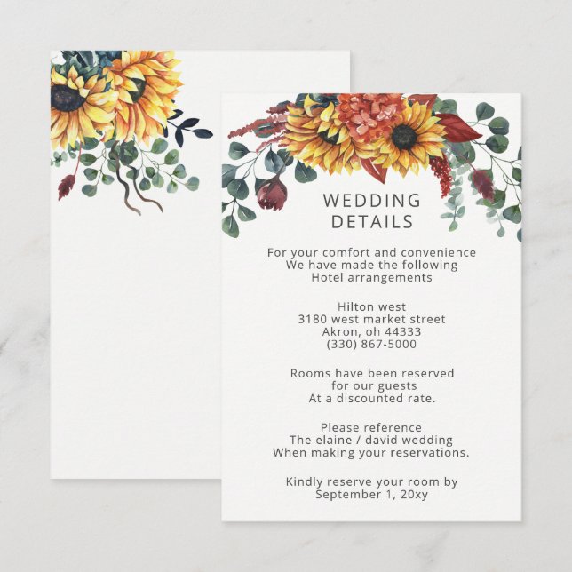 Tarjeta De Recepción Acuarela Rústica Burgundy Sunflower Boda Caída (Anverso / Reverso)