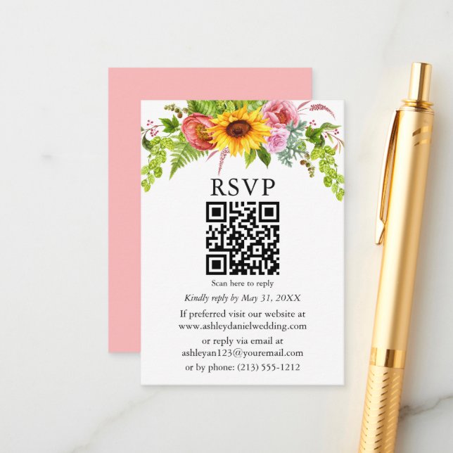 Tarjeta De Recepción Acuarela Sunflower Boda floral QR RSVP rosa (Anverso/Reverso In Situ)