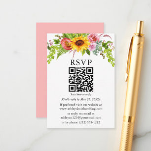 Tarjeta De Recepción Acuarela Sunflower Boda floral QR RSVP rosa