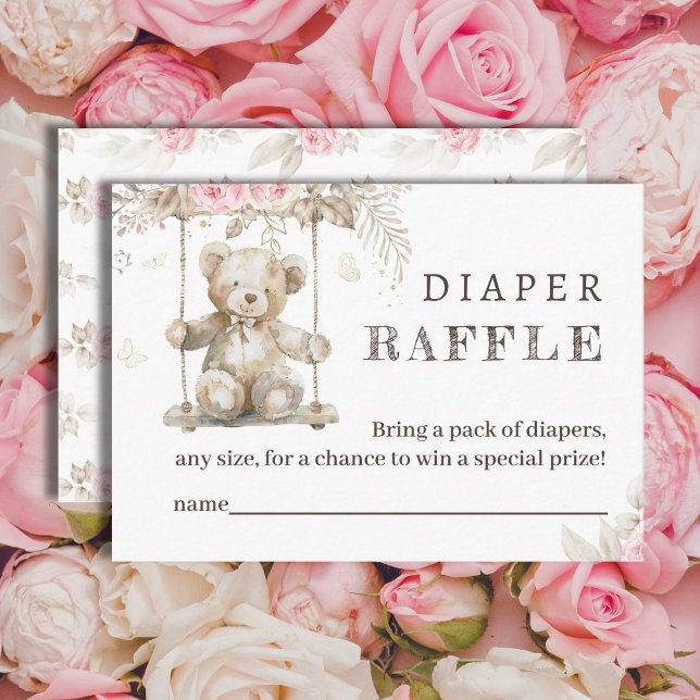 Tarjeta De Recepción Acuarela Teddy Bear Pink Floral Diaper Raffle (Subido por el creador)
