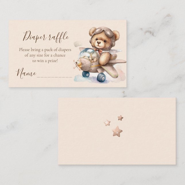 Tarjeta De Recepción Acuarela Teddy con billete de rifa de pañal (Anverso / Reverso)