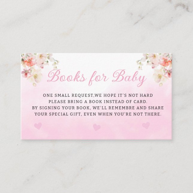 Tarjeta De Recepción Acuarela Teddy Oso libros rosa floral para bebé (Anverso)