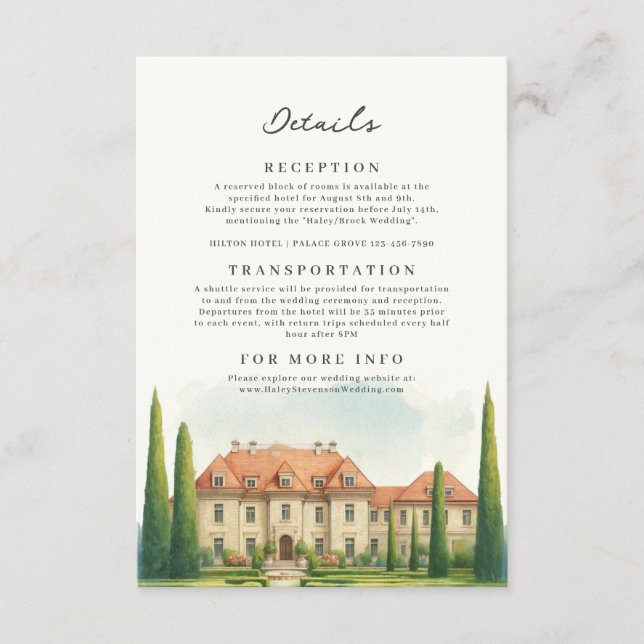 Tarjeta De Recepción Acuarela Toscana Italia Villa Boda de Destino (Anverso)