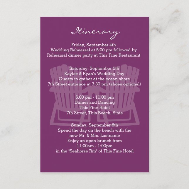 Tarjeta De Recepción Adirondack Chairs Plum Intinerary (Anverso)