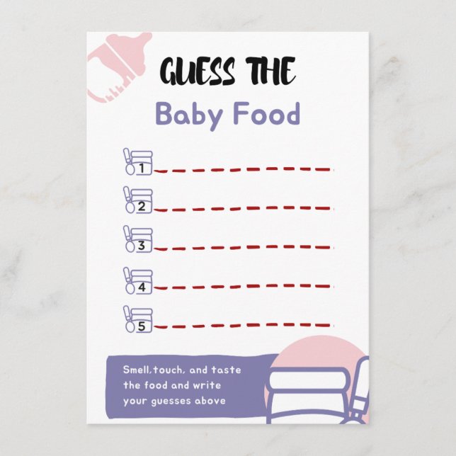 Tarjeta De Recepción Adivinen el juego de Baby Shower de Baby Food (Anverso)
