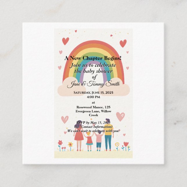 Tarjeta De Recepción Adopción de Baby Shower arcoiris (Anverso)