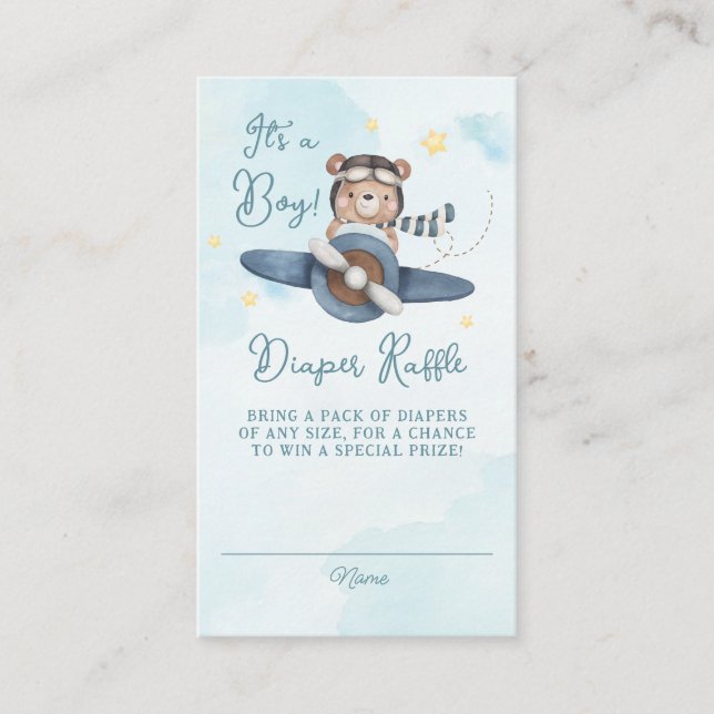 Tarjeta De Recepción Adventure Cute Bear Blue Plane Baby Diaper Raffle (Anverso)