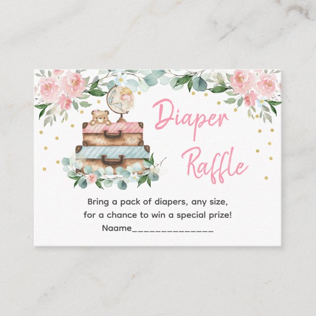 Tarjeta De Recepción Adventure Travel Pink Floral Baby Diaper Raffle (Anverso)