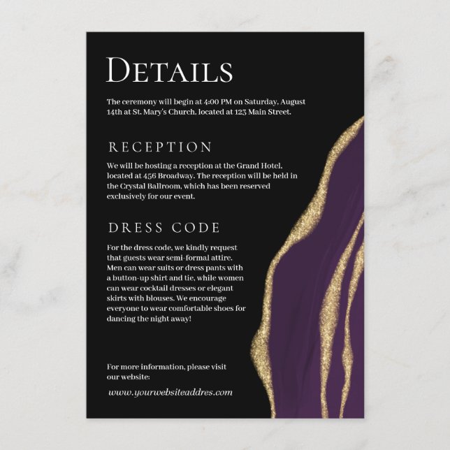 Tarjeta De Recepción Agar morado de lujo con oro (Anverso)