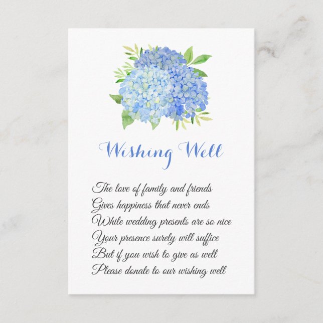 Tarjeta De Recepción Agua Azul Hidrangea Boda Desear Bien (Anverso)