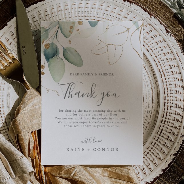 Tarjeta de recepción Airy Greenery & Gold Leaf (Airy Greenery & Gold Leaf Thank You Reception Card)