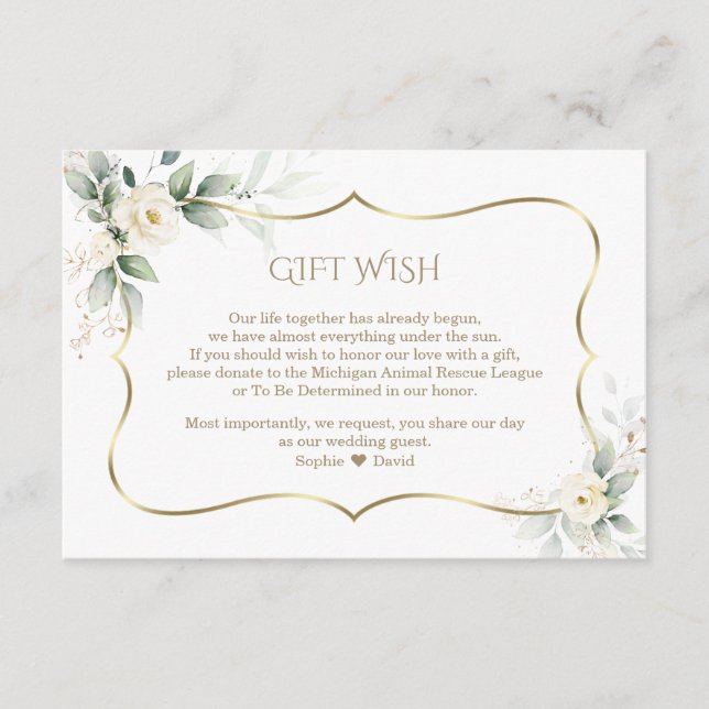 Tarjeta De Recepción Airy Greenery White Rose Gold Boda Gift Wish (Anverso)