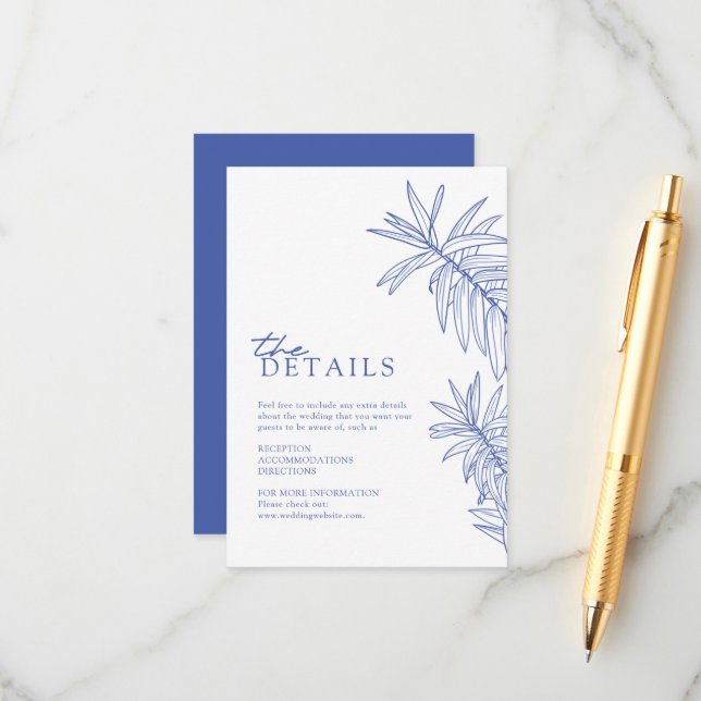 Tarjeta De Recepción Algo Azul Elegante Detalles de Hojas Botánicas (Anverso/Reverso In Situ)