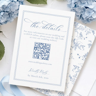 Tarjeta De Recepción Algo Boda azul detalla el código Qr