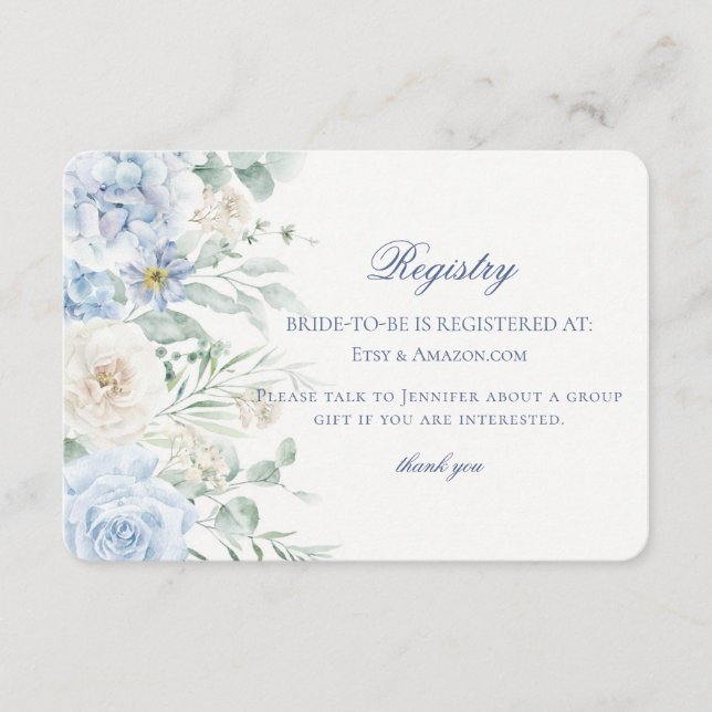 Tarjeta De Recepción Algo Floral Azul Hidrangea Registro de Novias (Anverso)
