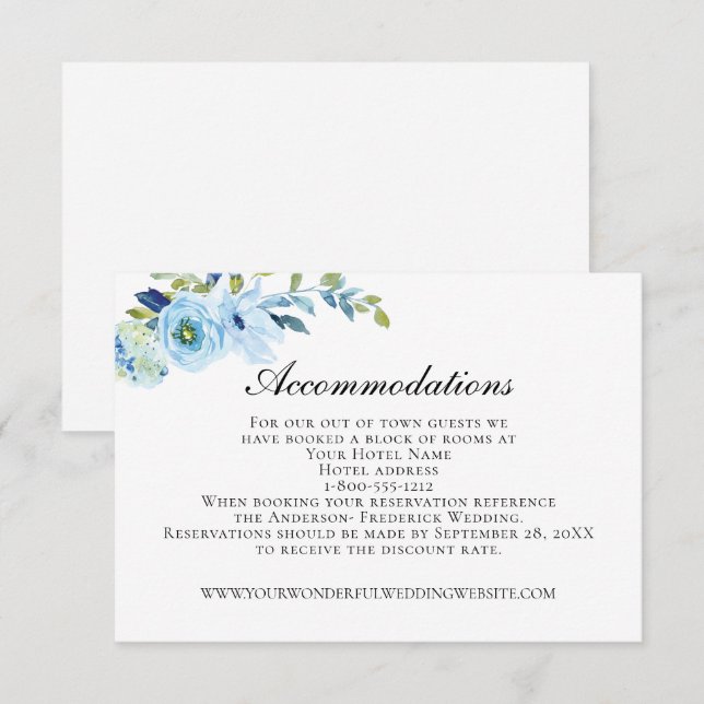 Tarjeta De Recepción Alojamiento Blue Green Floral Elegant Wedding (Anverso / Reverso)