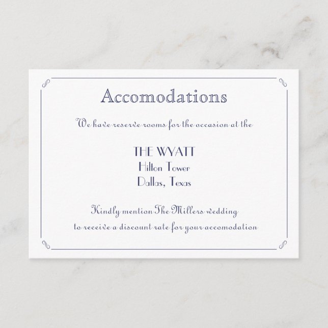 Tarjeta De Recepción Alojamiento Boda azul de la Marina Sencilla (Anverso)