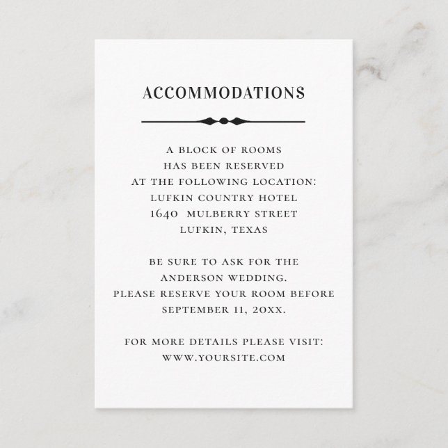 Tarjeta De Recepción Alojamiento boda blanco negro. Detalles simples (Anverso)