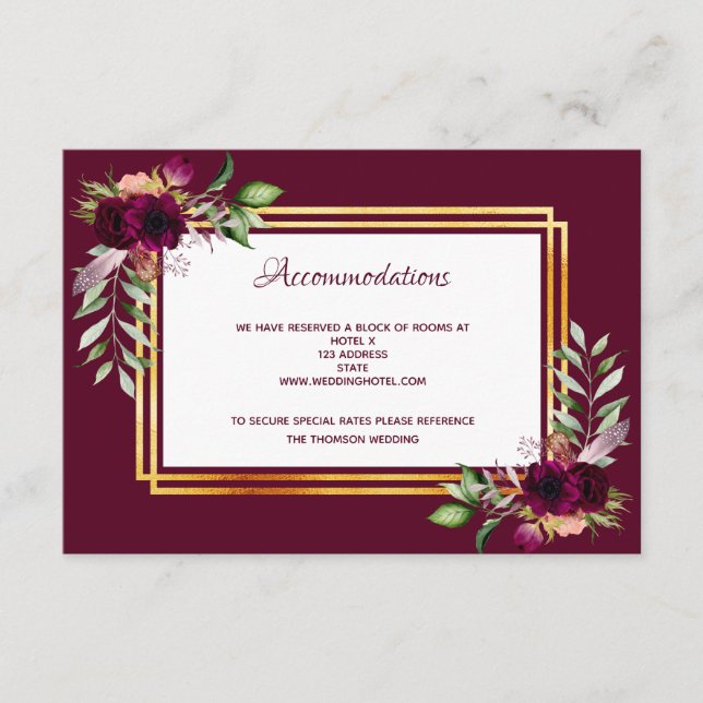 Tarjeta De Recepción alojamiento boda burgundy boho floral (Anverso)