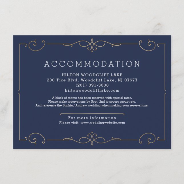 Tarjeta De Recepción Alojamiento boda clásico y elegante azul (Anverso)