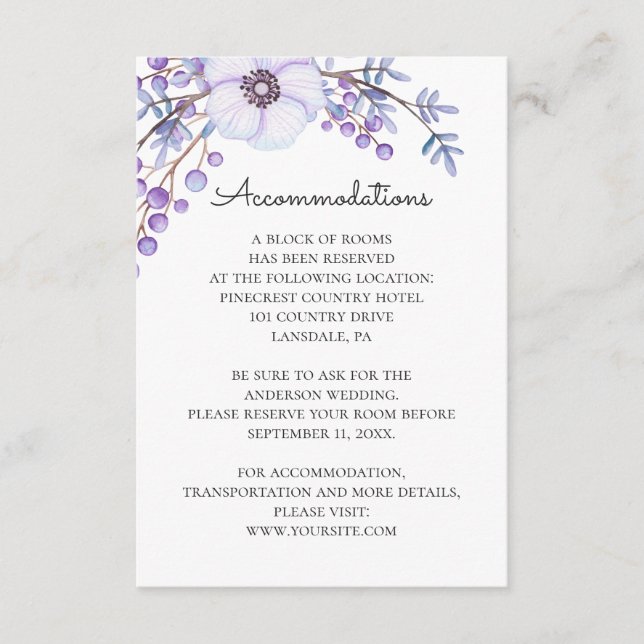 Tarjeta De Recepción Alojamiento boda con flores. Flores moradas (Anverso)