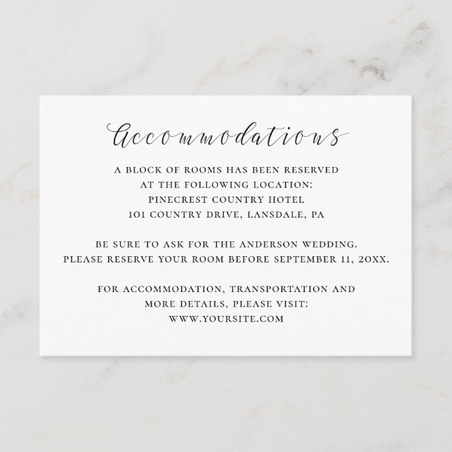 Tarjeta De Recepción Alojamiento boda de caligrafía en blanco y negro (Anverso)