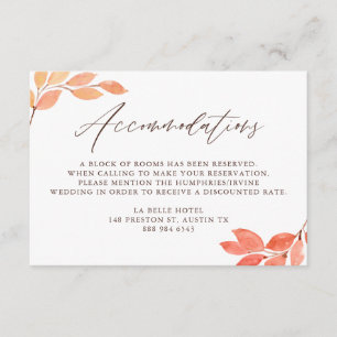 Tarjeta De Recepción Alojamiento Boda de color de agua en otoño