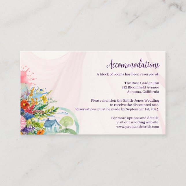 Tarjeta De Recepción Alojamiento Boda de Flores Silvestres (Anverso)