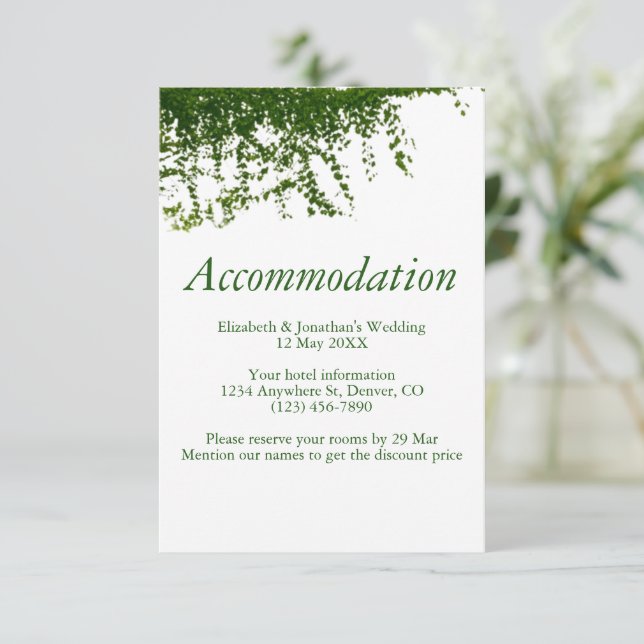 Tarjeta De Recepción Alojamiento Boda de Ivy Greeneration colgante (Anverso de pie)