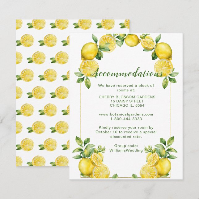 Tarjeta De Recepción Alojamiento Boda de marco limón italiano (Anverso / Reverso)