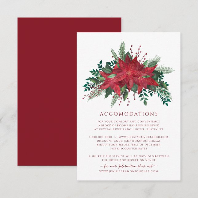 Tarjeta De Recepción Alojamiento Boda de Navidades Floral Poinsettia (Anverso / Reverso)
