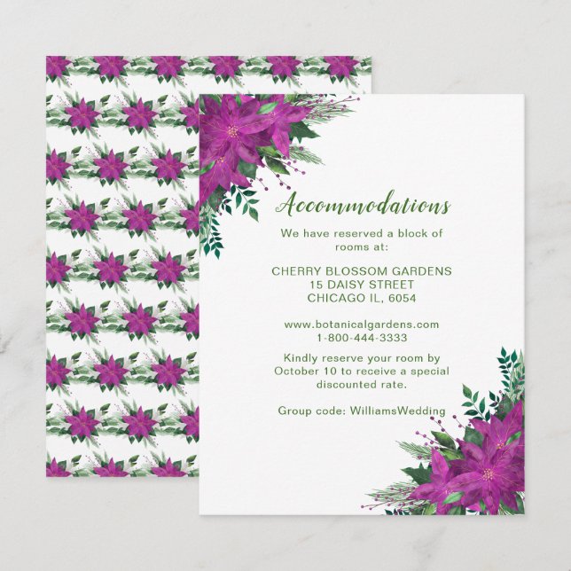 Tarjeta De Recepción Alojamiento Boda de navidades Purple Poinsettia (Anverso / Reverso)