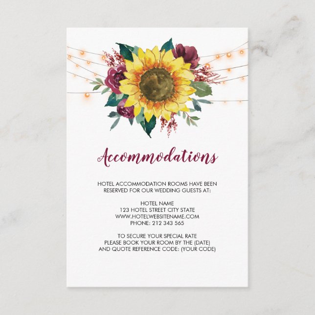 Tarjeta De Recepción Alojamiento Boda de Rustic Sunflower (Anverso)