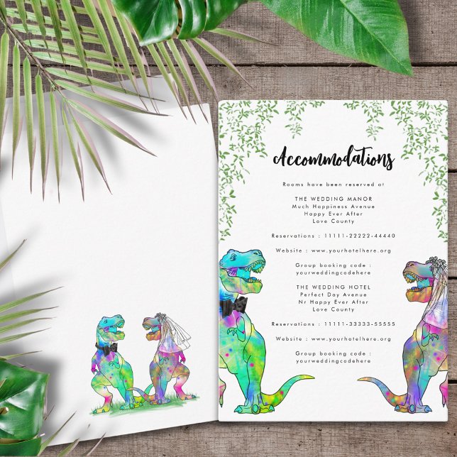 Tarjeta De Recepción Alojamiento Boda de temas de dinosaurios (T-Rex bride and groom colorful dinosaur wedding invitation accommodations enclosure card)