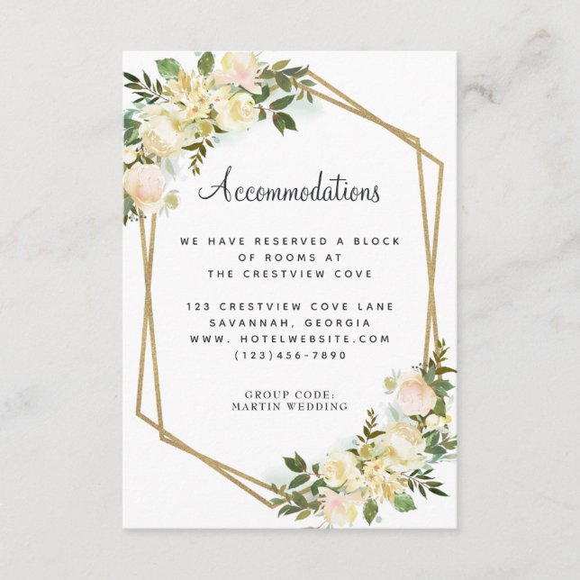 Tarjeta De Recepción Alojamiento Boda Detalles Floral Gold White (Anverso)