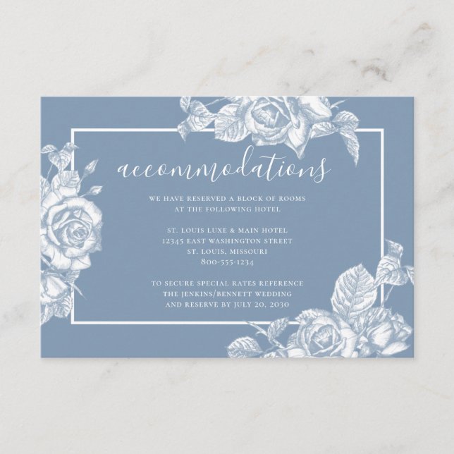 Tarjeta De Recepción Alojamiento Boda Dusty Blue Floral (Anverso)