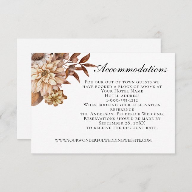 Tarjeta De Recepción Alojamiento Boda en otoño de Floral Leaves (Anverso / Reverso)