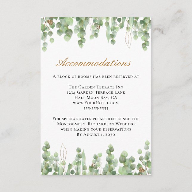 Tarjeta De Recepción Alojamiento Boda Eucalyptus Greenery Gold (Anverso)