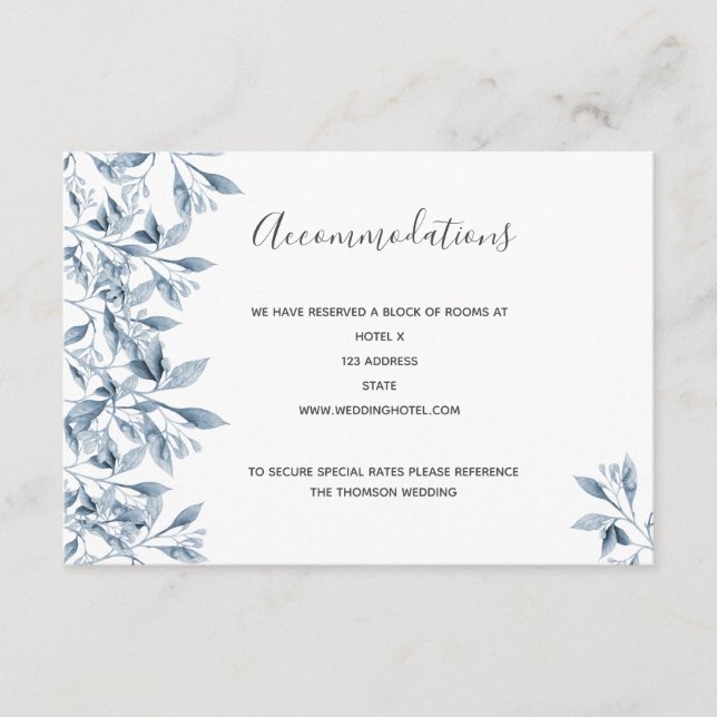 Tarjeta De Recepción alojamiento boda floral azul blanco (Anverso)