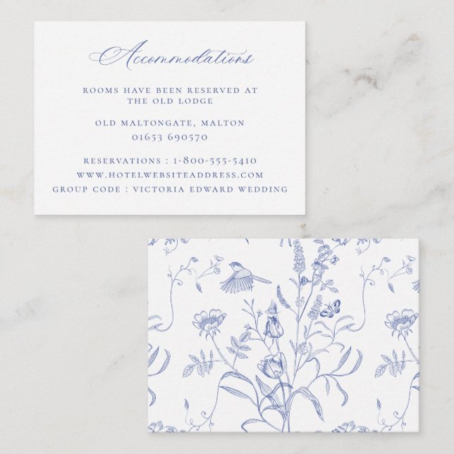 Tarjeta De Recepción Alojamiento Boda Floral Azul Regencia (Anverso / Reverso)