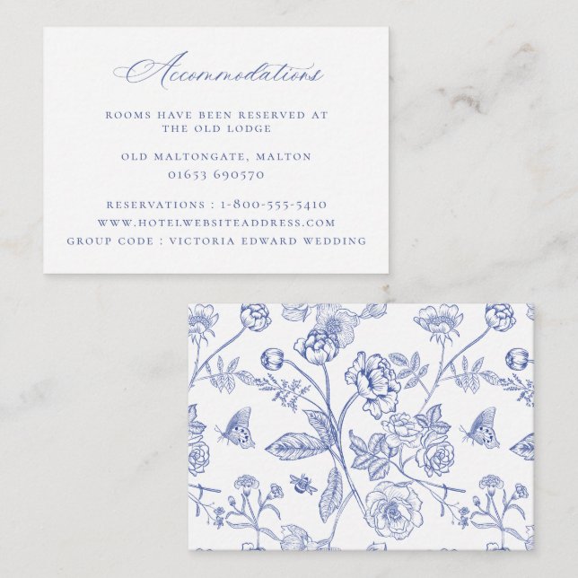 Tarjeta De Recepción Alojamiento Boda Floral Azul Regencia (Anverso / Reverso)