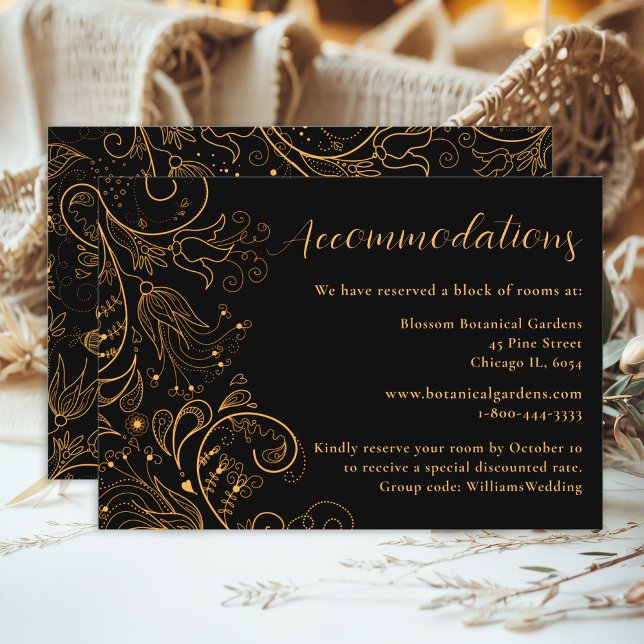 Tarjeta De Recepción Alojamiento Boda floral elegante y dorado (Subido por el creador)