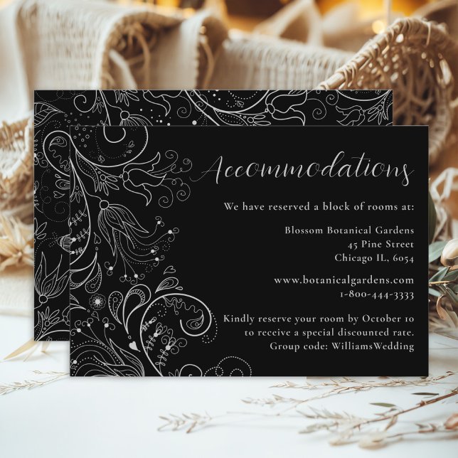 Tarjeta De Recepción Alojamiento Boda floral elegante y negro plateado (Subido por el creador)