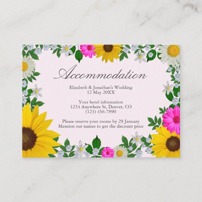 Tarjeta De Recepción Alojamiento Boda floral Sunflower Daisy (Anverso)