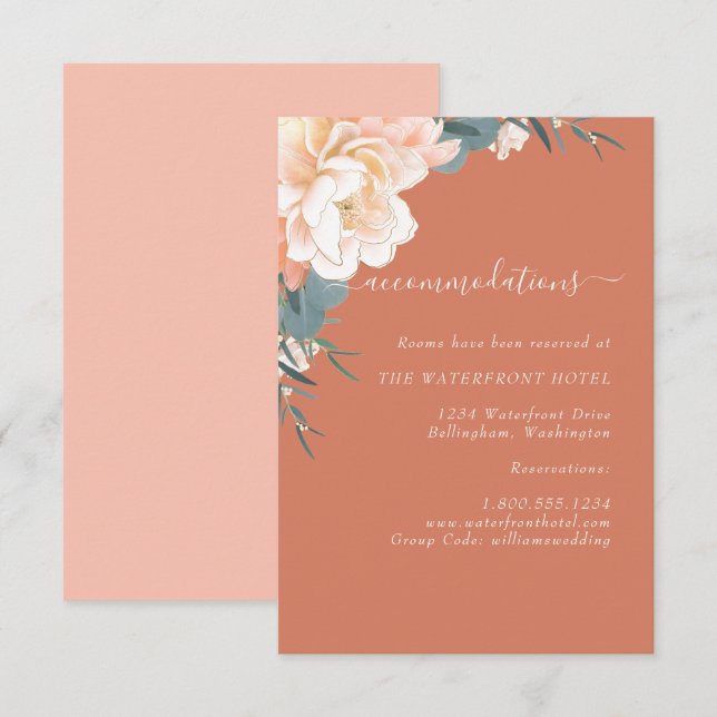 Tarjeta De Recepción Alojamiento Boda Floral Terracota Peach Gold (Anverso / Reverso)
