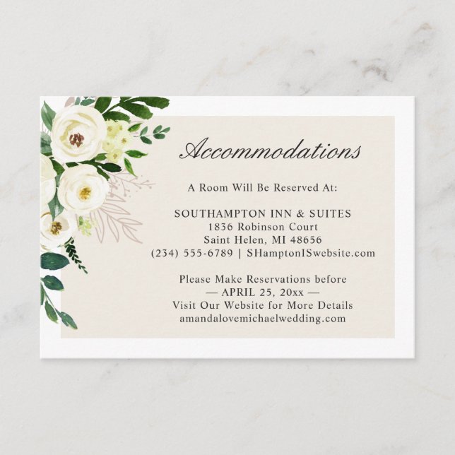 Tarjeta De Recepción Alojamiento Boda Floral verde blanco (Anverso)