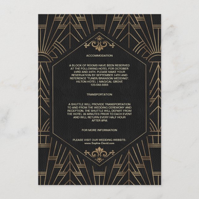 Tarjeta De Recepción Alojamiento Boda Gold Black Great Gatsby 20s (Anverso)