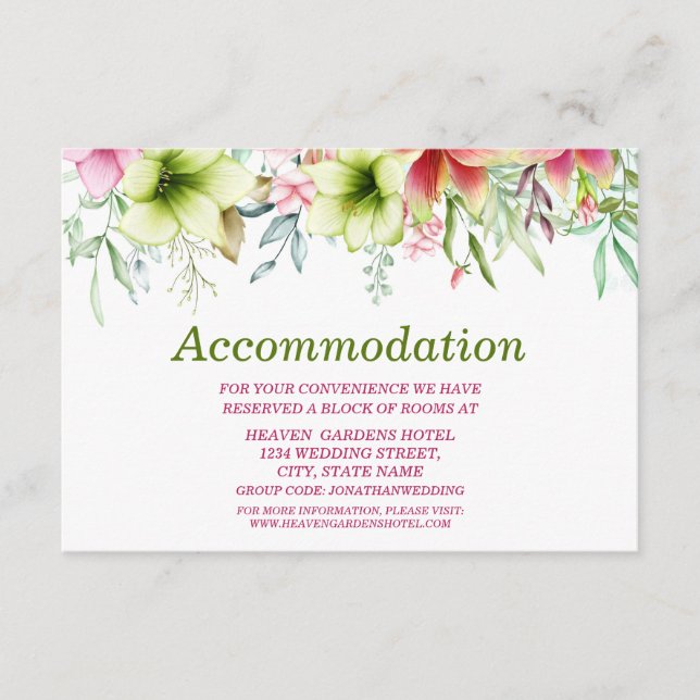 Tarjeta De Recepción Alojamiento Boda Magenta Red Amaryllis (Anverso)